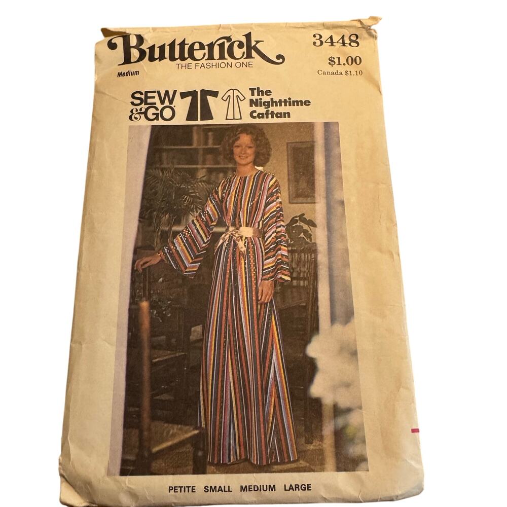 Vintage 1970s Butterick The Nighttime Caftan Size Medium Pattern 3448 Cut
